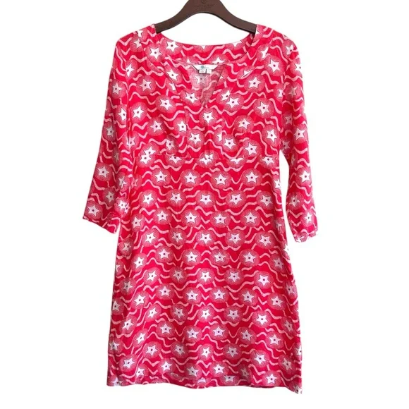 Boden Linen Dress Size 6 Long red Stars Print 100% Linen Washable 4th of July - Picture 1 of 11